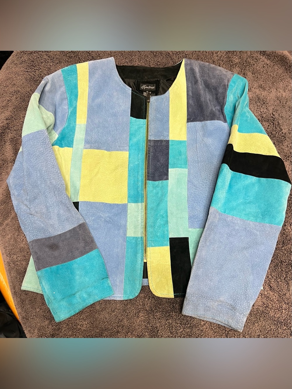Vintage Karen Arnold suede patchwork jacket in Blue, Black & Yellow, size Medium